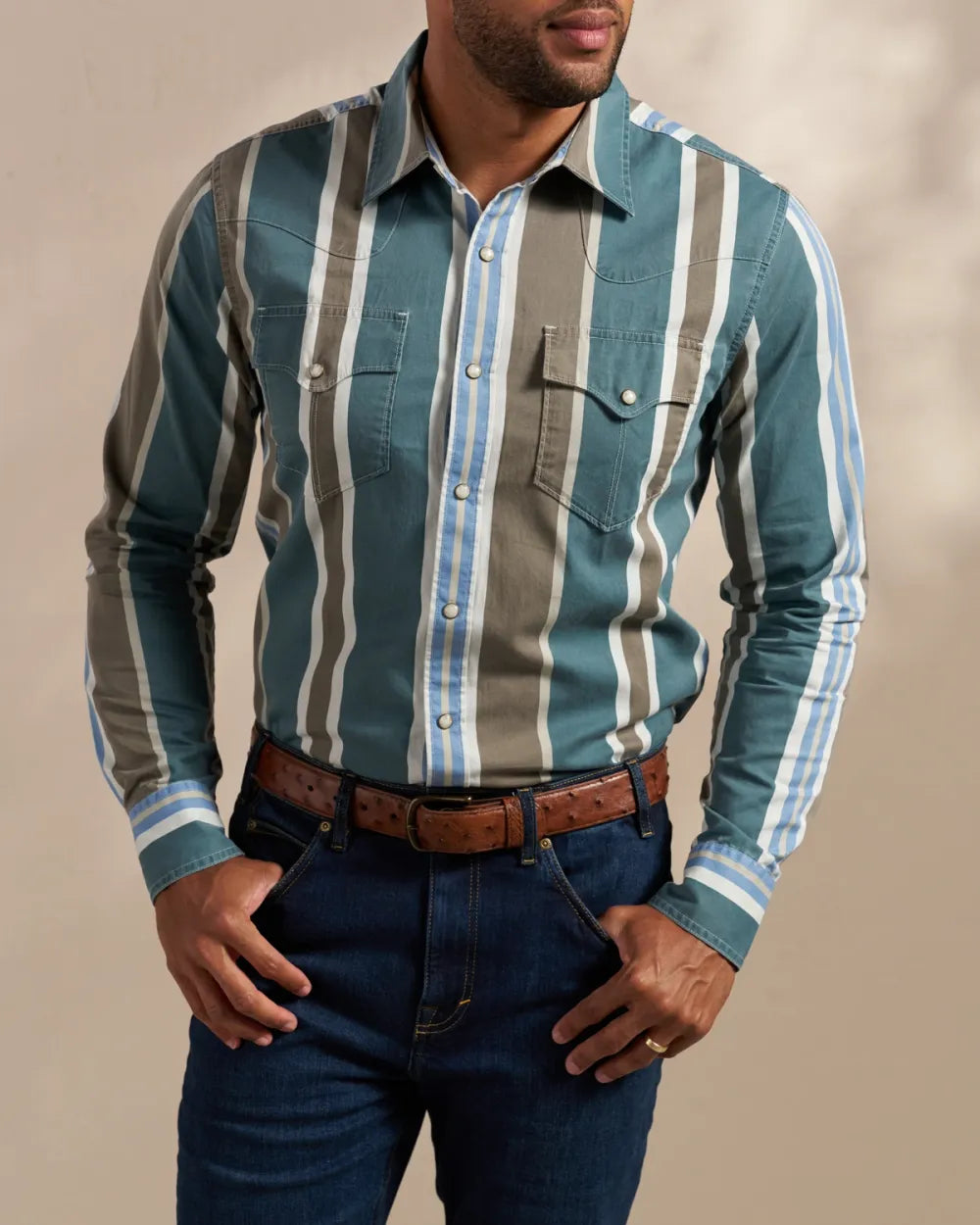 TECOVAS MEN'S WESTERN COWBOY DENIM PEARL SNAP BUTTON DOWN