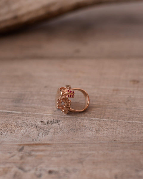 14k Rose Gold Coypu Skull Ring with Rubies - Crossbow