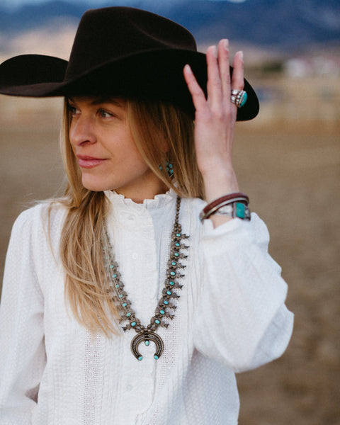 1940's Navajo Oxbow Turquoise Squash Blossom Necklace