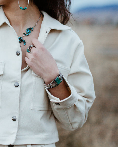 Vintage Square Turquoise Silver Cuff - Vintage Silver and Turquoise Cuff