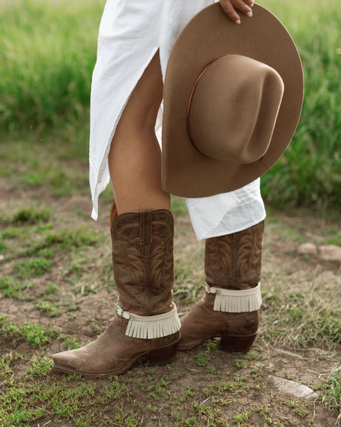 FRINGE LEATHER BOOT BAND - Cream