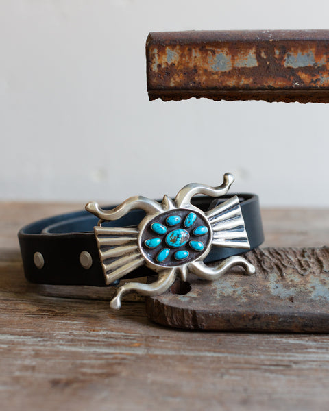 Navajo Sandcast Belt Buckle with Turquoise Cabochons