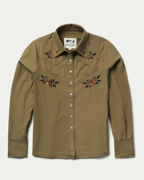WOMEN'S EMBROIDERED SNAP SHIRT - Chestnut
