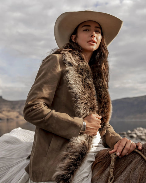 WOMEN'S SUEDE TOSCANA SHEARLING COLLAR COAT