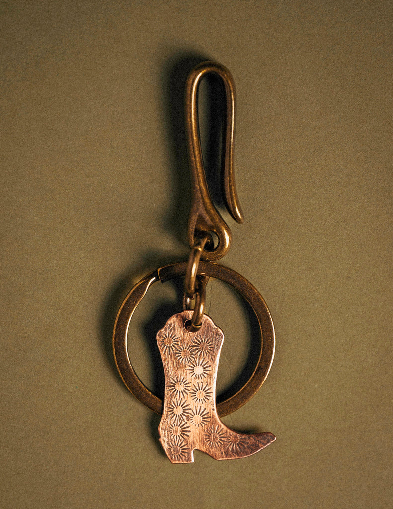 Cute Western Brass & Copper Cowboy Boot Metal Keychain 