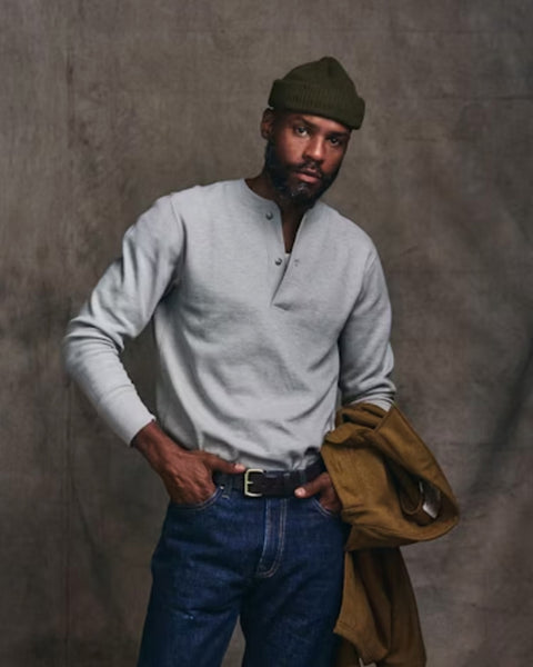 FILSON WAFFLE KNIT THERMAL HENLEY - Light Heather Grey
