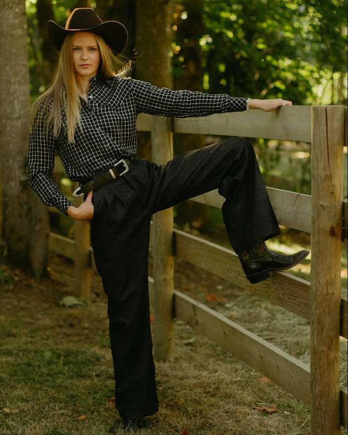 MILTON MENASCO WOMENS COLT WESTERN BLACK CHECK SHIRT – LINEN COTTON GINGHAM BUTTON-UP SHIRT