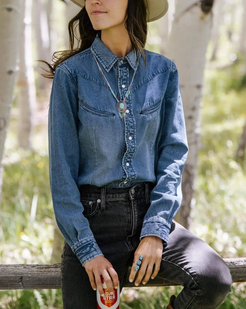 The Yoakam Pearl Snap Western Denim Classic Long Sleeve Cowgirl Shirt 