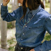 The Yoakam Pearl Snap Women's Western Denim Long Sleeve Cowgirl Shirt 