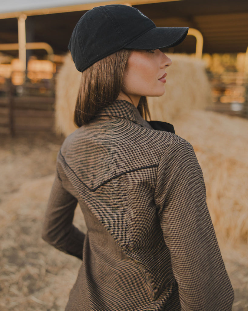WOMENS COLT LINEN COTTON WESTERN LONG SLEEVE  HOUNDSTOOTH COWGIRL SHIRT