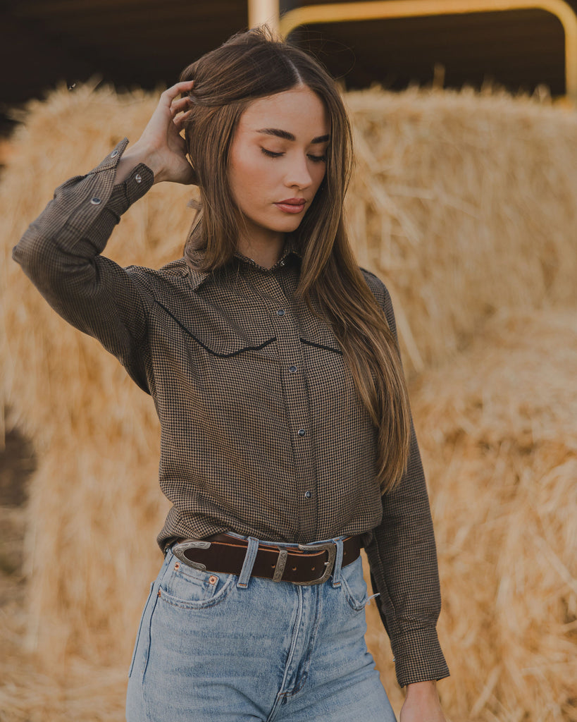 WOMENS COLT LINEN COTTON WESTERN LONG SLEEVE  HOUNDSTOOTH SHIRT
