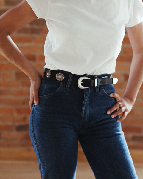 WOMEN'S CUSTOM TAPERED CONCHO WESTERN BLACK LEATHER BELT