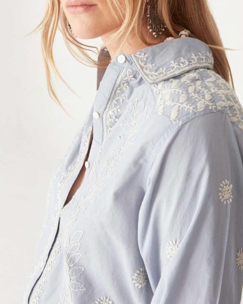 WOMENS LIGHTWEIGHT COTTON BUTTON DOWN EMBROIDERED BLOUSE 