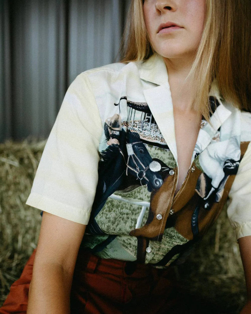WOMENS VAQUERO HORSE PRINT SHIRT VINTAGE WESTERN COMFY SHORT SLEEVE