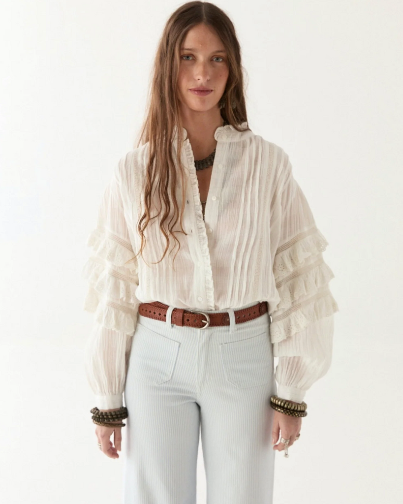 WOMENS WHITE BUTTON DOWN COTTON BLOUSE | CUBAN SCHIFFLI-OMARA