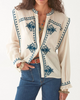 WOMEN'S COTTON LONG SLEEVE INDIGO EMBROIDERED IVORY WHITE CUTE BLOUSE SHIRT