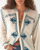 WOMEN'S SOFT COTTON LONG SLEEVE INDIGO EMBROIDERED IVORY WHITE BLOUSE