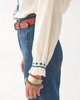 WOMEN'S SOFT COTTON LONG SLEEVE INDIGO EMBROIDERED IVORY WHITE BLOUSE SHIRT