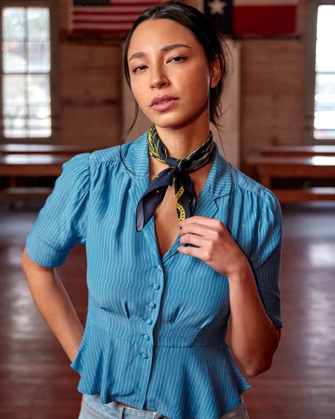 Women's Floret Elbow-Sleeve Blue Floral Stripe Blouse