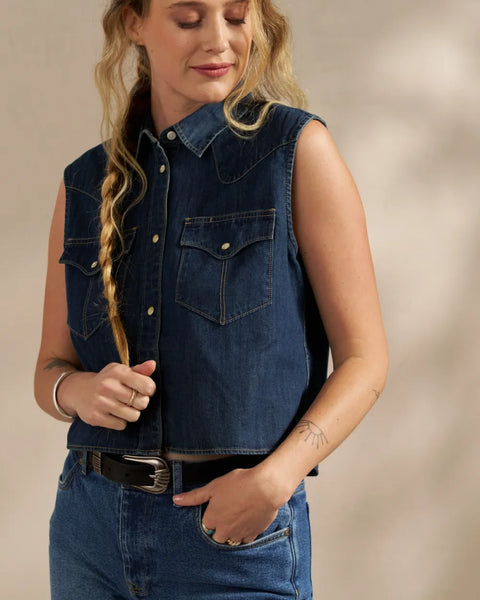 Denim Pearl Snap Cutoff