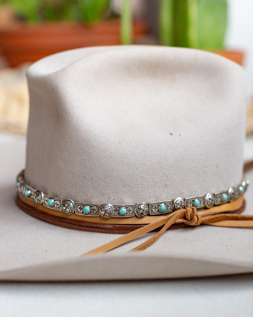 Sterling Silver Circle and Rectangle Conchos with Turquoise Hat Band - Crossbow