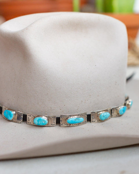 Sterling Silver Curved Conchos with Large Turquoise Hat Band - Crossbow
