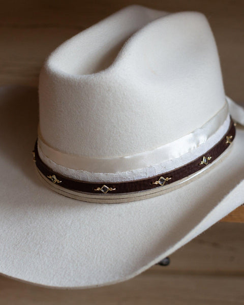 Diamond-Shaped Clear Quartz and Leather Hat Band - Crossbow