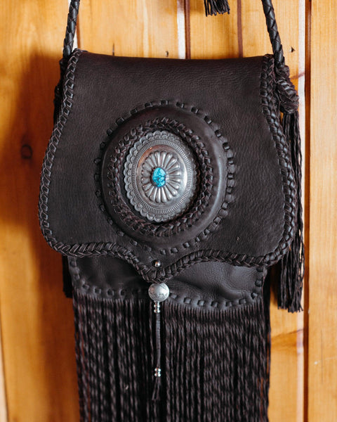 Turquoise Concho Crossbody Fringe Dark Brown Leather Bag - Crossbow